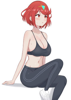 1girl absurdres black_pants black_sports_bra blush breasts cleavage commentary english_commentary foot_out_of_frame highres kurofuro large_breasts looking_to_the_side midriff navel pants pyra_(xenoblade) red_eyes red_hair shoes short_hair sitting sneakers sports_bra sweat swept_bangs tiara white_background white_shoes xenoblade_chronicles_(series) xenoblade_chronicles_2 yoga_pants
