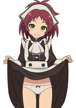 1girl aisha_greyrat apron blush clothes_lift female_focus green_eyes highres kyodori_(oyogume) lifting_own_clothes loli long_hair looking_at_viewer maid maid_apron maid_headdress mushoku_tensei navel panties ponytail red_hair simple_background solo standing stomach thighs underwear white_background white_panties