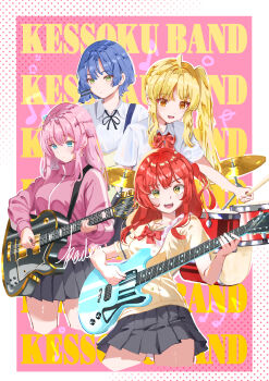 4girls absurdres ahoge black_ribbon black_skirt blonde_hair blue_eyes blue_hair bocchi_the_rock! border bow bowtie closed_mouth collared_shirt commentary_request cropped_legs diamond-shaped_pupils diamond_(shape) dithered_background double-parted_bangs drum drum_set electric_guitar gibson_les_paul gotoh_hitori green_eyes guitar hair_ornament hairclip highres holding holding_guitar holding_instrument holding_plectrum ijichi_nijika instrument jacket kaden_jai kessoku_band kita_ikuyo long_hair long_sidelocks long_sleeves miniskirt multiple_girls music neck_ribbon one_side_up open_mouth orange_eyes outside_border parallel_hairclips pink_background pink_hair pink_jacket playing_drum playing_guitar playing_instrument pleated_skirt plectrum polka_dot polka_dot_bow polka_dot_bowtie red_bow red_bowtie red_hair ribbon school_uniform shimokitazawa_high_school_uniform shirt short_hair short_sleeves shuka_high_school_uniform side_ponytail sidelocks skirt smile straight_hair symbol-shaped_pupils text_background track_jacket white_border white_shirt wing_collar yamada_ryo yellow_eyes yellow_shirt