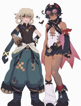 1boy 1girl :d asymmetrical_legwear belt black_gloves black_hair black_shirt blonde_hair blue_shorts boots bracelet braid brown_eyes closed_mouth cosplay costume_switch crossdressing crossdressing_(mtf) dark-skinned_male dark_skin earrings fingerless_gloves full_body genshin_impact gloves goggles goggles_on_head hair_between_eyes hand_on_own_hip hat headband highres jahoda_(genshin_impact) jewelry kinich_(genshin_impact) looking_at_viewer multiple_boys nail_polish open_mouth oversized_clothes pants shirt short_shorts shorts simple_background single_glove single_sleeve single_thighhigh smile socks standing star-shaped_pupils star_(symbol) symbol-shaped_pupils thighhighs torn_clothes twin_braids wem_(wemming9) white_background yellow_eyes