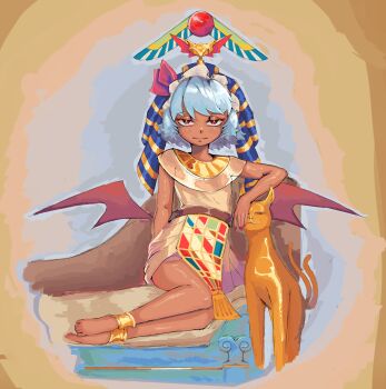 1girl absurdres alternate_costume alternate_skin_color ancient_egyptian_architecture ancient_egyptian_clothes animal anklet arm_rest arm_support bare_arms barefoot bat_wings belt blue_hair bow bright_pupils cat closed_mouth dark-skinned_female dark_skin dress feet fine_art_parody fingernails full_body gem gold_necklace gold_trim half-closed_eyes hat hat_ribbon headdress highres jewelry legs_together looking_at_viewer low_wings mob_cap nail_polish necklace nekomata nemes parody red_eyes red_gem red_nails red_ribbon red_wings remilia_scarlet remsenha ribbon short_dress short_hair sitting sleeveless sleeveless_dress slit_pupils solo statue throne toes tohotopia touhou usekh_collar wings yokozuwari