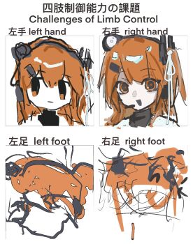 1girl a.i._voice adachi_rei black_hairband black_shirt closed_mouth hair_between_eyes hair_ornament hair_ribbon hairband hairclip headlamp headset highres medium_hair multiple_drawing_challenge nymphoides111 o-ring one_side_up open_mouth orange_hair radio_antenna ribbon shirt smile turtleneck white_ribbon