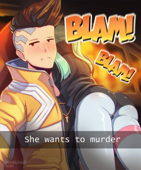 1boy 1girl arwald ass brown_hair car_interior colored_skin cyberpunk_(series) cyberpunk:_edgerunners cyborg david_martinez english_text green_hair he_wants_to_order_(meme) highres jacket long_hair looking_at_viewer meme mohawk rebecca_(cyberpunk) short_hair snapchat twintails yellow_jacket