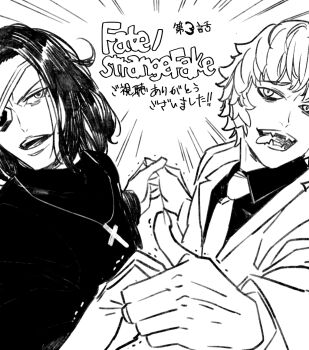 2boys bags_under_eyes cross cross_necklace episode_number eyepatch fangs fate/strange_fake fate_(series) greyscale hansa_cervantes hashtag-only_commentary holding_hands jacket jester_karture jewelry latin_cross long_sleeves male_focus medium_hair mole mole_under_eye monochrome morii_shizuki multiple_boys necklace necktie open_mouth priest shirt short_hair simple_background smile tongue tongue_out upper_body white_background