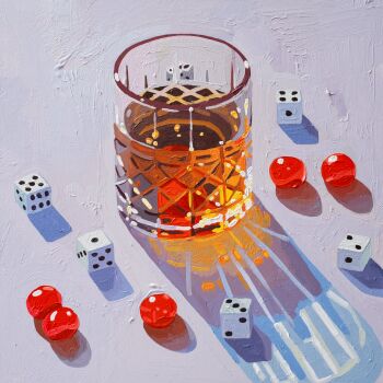 absurdres alcohol cherry commentary cup dice drinking_glass english_commentary food fruit highres leah_gardner no_humans oil_painting_(medium) original painting_(medium) shadow still_life traditional_media