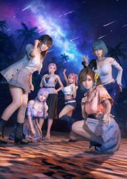 6+girls absurdres bare_shoulders beach belt black_boots black_hair blue_eyes blush boots breasts brown_eyes brown_hair choker cleavage closed_mouth collarbone dead_or_alive dead_or_alive_xtreme dead_or_alive_xtreme_venus_vacation denim denim_shorts elise_(doa) fingernails fiona_(doa) green_eyes green_hair hair_between_eyes hair_ornament hairclip heart heart_choker highres honoka_(doa) jeans jewelry large_breasts leaning long_hair looking_at_viewer medium_breasts meteor_shower misaki_(doa) multicolored_hair multiple_girls nanami_(doa) necklace night official_alternate_costume official_art one_side_up open_mouth orange_shirt outdoors palm_tree pants pink_hair purple_eyes purple_hair reaching reaching_towards_viewer red_eyes sand sandals scrunchie shirt short_hair shorts side_ponytail skirt skull_hair_ornament smile squatting standing standing_on_one_leg star_(sky) star_(symbol) star_hair_ornament streaked_hair tamaki_(doa) toenails toes tree venus_vacation_prism:_dead_or_alive_xtreme watch white_belt white_shirt wrist_scrunchie wristwatch yellow_scrunchie