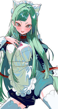 1girl 5oh5s2 absurdres alternate_hairstyle apron black_romper blunt_bangs blush braid braided_ponytail breasts brown_eyes collar fang green_hair highres juliet_sleeves leash lebanne_(pokemon) long_hair long_sleeves looking_at_viewer maid maid_apron maid_headdress nintendo open_mouth pokemon pokemon_legends:_z-a puffy_sleeves red_collar romper smile solo sweatdrop thighhighs thighs tsurime white_thighhighs