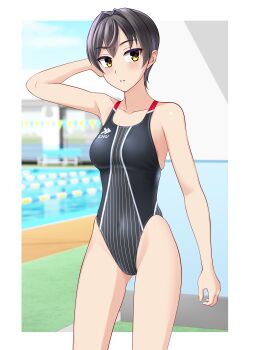 1girl absurdres black_hair black_one-piece_swimsuit breasts brown_eyes commentary_request competition_swimsuit covered_navel cowboy_shot gluteal_fold groin highleg highleg_one-piece_swimsuit highres indoors lane_line medium_breasts one-piece_swimsuit original pool short_hair solo standing swimsuit takafumi two-tone_swimsuit variant_set