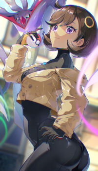 1girl absurdres black_bodysuit black_gloves black_hair blurry blurry_background bodysuit breasts brown_coat closed_mouth coat commentary_request creature_request emma_(pokemon) gen_6_pokemon gloves hand_on_own_hip highres holding holding_poke_ball kumo33 long_sleeves looking_at_viewer malamar medium_breasts mega_malamar nintendo poke_ball poke_ball_(basic) pokemon pokemon_(creature) pokemon_legends:_z-a purple_eyes short_hair smile