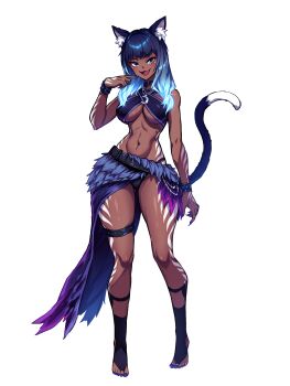 1girl absurdres animal_ear_fluff animal_ears black_panties blue_eyes blue_hair blush bracelet breasts cat_ears cat_girl cat_tail cleavage commission dark-skinned_female dark_skin eyebrows_hidden_by_hair fang fingernails full_body glowing glowing_hair highres jewelry large_breasts looking_at_viewer medium_hair navel open_mouth original panties samael_(5211) sharp_fingernails simple_background skeb_commission smile solo stomach tail tattoo thigh_strap toeless_socks underboob underwear variant_set white_background