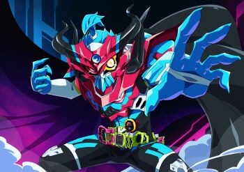 Rule 34 | 1boy, alternate costume, alternate form, armor, belt, black bodysuit, black cape, blue armor, blue gloves, bodysuit, cape, contrapposto, fantasy, foreshortening, gamer driver, gloves, helmet, heterochromia, highres, hunched over, kamen rider, kamen rider brave, kamen rider brave (fantasy gamer), looking at viewer, male focus, official alternate costume, open hands, otokamu, red armor, red eyes, rider gashat, skull, solo, spread legs, standing, taddle fantasy level 50, tokusatsu, yellow eyes