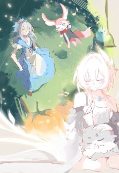 ;o animal animal_on_lap bare_shoulders blue_dress breasts chimera_(honkai:_star_rail) closed_eyes coat cyrene_(aedes_elysiae)_(honkai:_star_rail) cyrene_(honkai:_star_rail) dress grass grey_hair hashtag-only_commentary highres honkai:_star_rail honkai_(series) jewelry medium_hair mem_(honkai:_star_rail) musical_note necklace on_lap one_eye_closed pink_hair pumpkin purple_coat short_hair sinmavm small_breasts stelle_(honkai:_star_rail) trailblazer_(honkai:_star_rail)