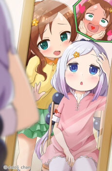 Rule 34 | 2girls, :o, artist name, blue eyes, brown hair, buttons, chair, daloli chan, english text, flower, green eyes, green skirt, hair flower, hair ornament, hand on own face, hands on own cheeks, hands on own face, heart, heart in mouth, kanna kamui, kobayashi-san chi no maidragon, long hair, looking at mirror, mirror, multiple girls, open mouth, orange flower, pink hair, pink shirt, saikawa riko, shirt, sitting, skirt, sphere hair ornament, standing, thighhighs, white thighhighs, yellow shirt