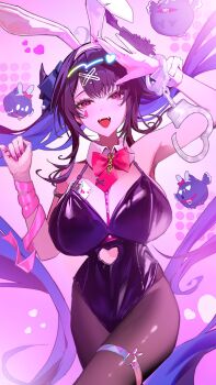 Rule 34 | 1girl, absurdres, ace (playing card), ace of hearts, asymmetrical horns, black hair, black leotard, blue hair, bow, bowtie, breasts, card, clothing cutout, colored inner hair, commentary, cuffs, cutout above navel, detached collar, english commentary, flower, hand up, handcuffs, heart, heart cutout, highres, hololive, hololive english, horn flower, horns, jailbird (nerissa ravencroft), large breasts, leotard, long hair, looking at viewer, multicolored hair, nerissa ravencroft, object in bra, pantyhose, pink bow, pink bowtie, playboy bunny, playing card, purple eyes, rabbit hole (vocaloid), sidelocks, slit pupils, solo, thekaiyip, twintails, uneven horns, very long hair, virtual youtuber, vocaloid