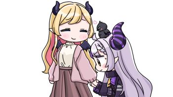 Rule 34 | 2girls, animal, animal on head, bird, black dress, black wings, blonde hair, blush, blush stickers, braid, braided bangs, brown skirt, chibi, crow (la+ darknesss), demon girl, demon horns, demon wings, dress, green eyes, grey hair, heart, highres, holding hands, hololive, horns, jacket, la+ darknesss, la+ darknesss (1st costume), long hair, long sleeves, mochimiko, multicolored hair, multiple girls, on head, open clothes, open jacket, pink hair, pink jacket, pleated skirt, pointy ears, profile, puffy long sleeves, puffy sleeves, purple hair, shirt, simple background, skirt, streaked hair, two-tone hair, very long hair, virtual youtuber, white background, white shirt, wings, yuzuki choco