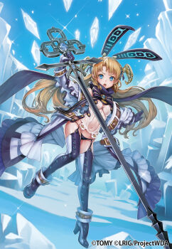 1girl animal_ears blonde_hair blue_eyes blue_sky boots breasts brown_horns cleavage clothing_cutout copyright_notice elbow_gloves fake_animal_ears glacier gloves high_heel_boots high_heels highres holding holding_weapon horns kousaku long_hair navel navel_cutout official_art open_mouth sky small_breasts solo sparkle teeth thigh_boots umr_(wixoss) upper_teeth_only weapon wixoss