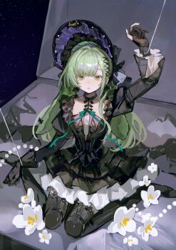 1girl absurdres animal_ears arknights arm_up bang_dream! bang_dream!_it&#039;s_mygo!!!!! black_bonnet black_boots black_dress black_gloves bonnet boots box doll_joints dress expressionless floppy_ears frilled_dress frills full_body gloves gothic_lolita green_hair hair_ornament highres in_box in_container joints juliet_sleeves lolita_fashion long_hair long_sleeves looking_at_viewer puffy_sleeves puppet_strings rabbit_ears rabbit_girl sidelocks sitting solo wakaba_mutsumi wakaba_mutsumi_(marionette&#039;s_id) x_hair_ornament yellow_eyes yezhi_dun_luobei