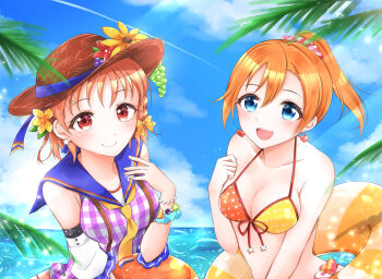 2girls absurdres alternate_hairstyle aqua_eyes aqua_scrunchie armband artist_name artist_request bare_shoulders bikini blue_eyes blue_sailor_collar blue_sky blush bracelet braid breasts brown_headwear cleavage clenched_hand close-up clothes_writing cloud collarbone day earrings feathers female_focus flower front-tie_bikini_top front-tie_top hair_between_eyes hair_flower hair_ornament hair_scrunchie heart heart_earrings high_ponytail highres innertube jewelry kosaka_honoka looking_at_viewer love_live! love_live!_school_idol_festival love_live!_school_idol_project medium_breasts mismatched_bikini multiple_girls necktie ocean orange_bikini orange_hair outdoors palm_tree parted_lips pearl_bracelet pink_scrunchie ponytail red_feathers sailor_collar scrunchie short_hair short_ponytail side_ponytail single_braid sky smile sparkle star_(symbol) star_bikini star_earrings star_print string_bikini sunlight swim_ring swimsuit takami_chika tree undershirt upper_body wrist_scrunchie wrist_wrap yellow_bikini yellow_feathers yellow_necktie