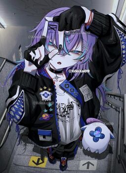 1boy alternate_costume arms_up artist_name black_gloves black_jacket black_nails bracelet commentary finger_frame finger_frame_over_eye fingerless_gloves foreshortening full_body gloves hair_between_eyes hair_ornament hairclip highres hoshirube_sho jacket jewelry long_hair long_sleeves looking_at_viewer male_focus multicolored_hair nijisanji open_clothes open_jacket open_mouth print_shirt purple_hair railing shirt solo streaked_hair symbol-only_commentary virtual_youtuber xdoxa89