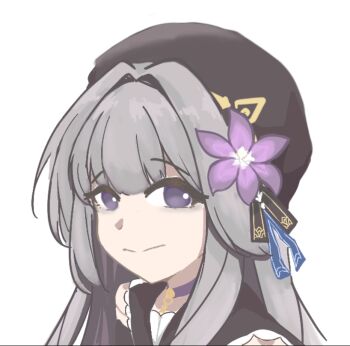 1girl beret black_hat choker commentary flower grey_hair hair_flower hair_intakes hair_ornament hat herta_(honkai:_star_rail) herta_(puppet)_(honkai:_star_rail) honkai:_star_rail honkai_(series) i.narn long_hair looking_at_viewer portrait purple_choker purple_eyes purple_flower simple_background solo white_background