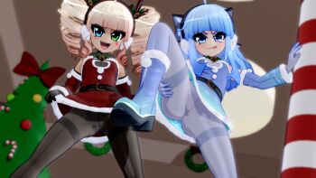 2girls 3d ahoge bell blonde_hair blue_eyes blue_hair blush boots candy candy_cane christmas christmas_tree cleft_of_venus cybra_(gs-mantis) dress drill_hair earmuffs fang food from_below fur_trim gloves green_eyes gs-mantis heart heterochromia highres leg_lift legs licking_lips loli long_hair looking_at_viewer looking_down multiple_girls naughty_face open_mouth original pantyhose patoot pom_pom_(clothes) smile tongue tongue_out