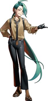 1girl 987645321o ahoge black_gloves black_necktie black_pants bright_pupils brown_shirt brown_shoes collarbone collared_shirt earrings full_body gloves green_hair hand_on_own_hip highres jewelry long_hair necktie nintendo pants pokemon pokemon_scarlet_and_violet ponytail red_eyes reverse_trap rika_(pokemon) shirt shoes simple_background smile solo suspenders triangle_earrings white_background white_pupils