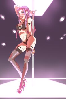 1girl absurdres arm_behind_back arm_behind_head blush breasts code_geass cornelia_li_britannia high_heels highres indoors large_breasts lingerie long_hair matching_hair/eyes nail_polish navel open_mouth parted_lips pole purple_eyes purple_hair purple_nails saliva saliva_trail sarura solo_focus stage stage_lights standing stiletto_heels stripper_pole sweat teeth thighhighs thighs toenail_polish toenails toes tongue underwear upper_teeth_only