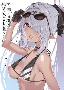 1girl bare_shoulders bikini black_bikini black_gloves blue_archive blush choker dark-skinned_female dark_skin eyewear_on_head gloves grey_hair hair_over_one_eye hair_ribbon halo highres iori_(blue_archive) iori_(swimsuit)_(blue_archive) long_hair looking_at_viewer nipple_slip nipples ono_misao open_mouth pointy_ears red_eyes ribbon solo sunglasses swimsuit translation_request twintails very_long_hair