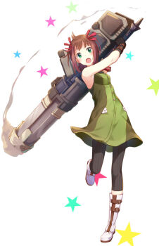 Rule 34 | 1girl, :d, amami haruka, arms up, black gloves, black pants, boots, brown hair, dress, female focus, full body, gloves, green dress, green eyes, gun, hair ribbon, holding, holding gun, holding weapon, idolmaster, idolmaster (classic), leg up, looking at viewer, open mouth, pants, pinstripe pants, pinstripe pattern, red ribbon, ribbon, sakusaku, short hair, simple background, sleeveless, sleeveless dress, smile, solo, standing, standing on one leg, star (symbol), striped clothes, striped pants, vertical-striped clothes, vertical-striped pants, weapon, white background, white boots