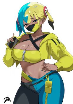 1girl aqua_hair blonde_hair blue_eyes breasts canari_(pokemon) cleavage cowboy_shot cropped_jacket dark-skinned_female dark_skin highres jacket large_breasts looking_at_viewer mask midriff mouth_mask multicolored_hair navel nintendo pants pokemon pokemon_legends:_z-a simple_background solo split-color_hair stomach white_background yellow_jacket zet_(twt_zet)