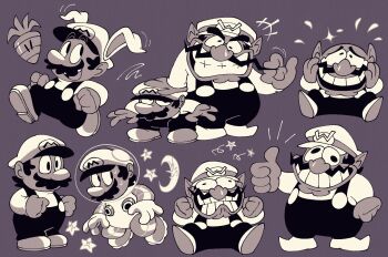 Rule 34 | 2boys, bald, clenched teeth, collage, commentary, english commentary, facial hair, gloves, greyscale, grin, hat, highres, lumspark, male focus, mario, mario (series), monochrome, multiple boys, mustache, nintendo, short hair, simple background, smile, spacesuit, super mario land 2, teeth, thumbs up, wario, wario land, wario land: super mario land 3