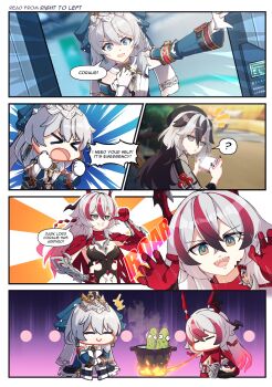 &gt;_&lt; ... 2girls :d ? armor bad_food bare_shoulders black_dress black_hair blue_eyes breasts chibi chinese_clothes closed_eyes closed_mouth coffee_mug coralie_6626_planck coralie_6626_planck_(behold!_fate-defying_dragon) coralie_6626_planck_(valkyrie_blastmetal) crown cup detached_sleeves dress drill_hair earrings english_text eyeliner fire food gloves grey_eyes grey_hair hair_between_eyes hat highres holding holding_phone honkai_(series) honkai_impact_3rd horns jewelry kimi_craze long_hair long_sleeves looking_at_object makeup mug multicolored_hair multiple_girls official_alternate_costume on_head open_hand open_mouth phone red_eyeliner red_gloves red_hair red_horns red_scarf scarf sharp_teeth small_breasts smile speech_bubble streaked_hair sweatdrop symbol-shaped_pupils teeth theresa_apocalypse theresa_apocalypse_(astralop) two-tone_hair upper_body upper_teeth_only v-shaped_eyebrows white_armor white_gloves white_hair yellow_pupils