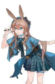 1girl :o absurdres amiya_(arknights) animal_ears arknights beret black_bow black_bowtie blue_cloak blue_collar blue_eyes blue_hat bow bowtie brown_hair cloak collar commentary cowboy_shot green_skirt hair_between_eyes hat hat_bow highres holding holding_magnifying_glass jewelry leaning leaning_forward long_hair magnifying_glass multiple_rings open_mouth plaid_clothes plaid_skirt pleated_skirt ponytail ring simple_background skirt solo standing symbol-only_commentary thighlet very_long_hair white_background wrist_cuffs zhaolu_yuan_xiao_mo