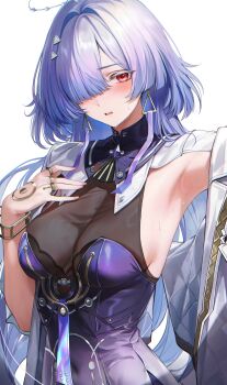 1girl absurdres adapted_costume alternate_breast_size_(larger) armpits blush breasts colored_eyelashes commentary covered_navel earrings fingernails grey_hair hair_intakes hair_ornament hair_over_one_eye halo hand_up highres jewelry large_breasts long_hair looking_at_viewer mornye_(wuthering_waves) multiple_rings parted_lips re0n red_eyes ring see-through_cleavage see-through_clothes simple_background solo sweat triangle_earrings upper_body white_background wuthering_waves