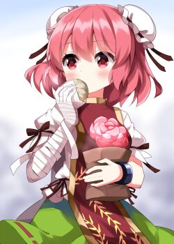 1girl bandaged_arm bandages blush brown_ribbon brown_tabard bun_cover commentary_request covered_mouth cowboy_shot double_bun food green_skirt hair_between_eyes hair_bun hand_up highres holding holding_food ibaraki_kasen looking_to_the_side pink_hair puffy_short_sleeves puffy_sleeves red_eyes ribbon ruu_(tksymkw) shirt short_hair short_sleeves skirt sleeve_garter solo standing steam tabard touhou white_shirt