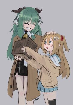 2girls :d animal_ears asymmetrical_legwear bell black_skirt black_thighhighs blue_eyes blue_sailor_collar blue_skirt bow brown_coat brown_hair cardigan closed_eyes coat collared_shirt cow_ears cow_horns cowboy_shot crelly_(vtuber) green_hair grey_background grin hair_between_eyes hair_ornament hair_ribbon headpat heart heart_hair_ornament highres holding_block horns long_hair long_sleeves looking_at_another minecraft miniskirt multiple_girls neck_bell neuro-sama off-shoulder_cardigan open_mouth pleated_skirt red_ribbon reivooon ribbon sailor_collar school_uniform serafuku shirt signature simple_background skirt smile thighhighs two_side_up vedal_ai virtual_youtuber white_shirt yellow_cardigan