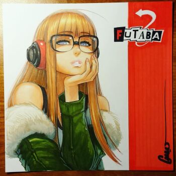 1girl ahoge artist_name bare_shoulders behind-the-head_headphones black-framed_eyewear black_tank_top blunt_bangs fur-trimmed_jacket fur_trim glasses green_jacket hand_on_own_chin headphones jacket lips long_hair looking_at_viewer off_shoulder omar_dogan open_clothes open_jacket orange_hair parted_lips persona persona_5 photoshop_(medium) pink_lips purple_eyes red_background sakura_futaba sidelocks sideways_glance signature solo tank_top traditional_media two-tone_background white_background