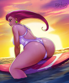 1girl ass breasts earrings from_behind highres jessie_(pokemon) jewelry large_breasts long_hair nintendo ocean one-piece_swimsuit outdoors parted_lips pink_hair pokemon pokemon_(anime) rankgo red_sky sky solo sun sunset surfboard swimsuit white_one-piece_swimsuit