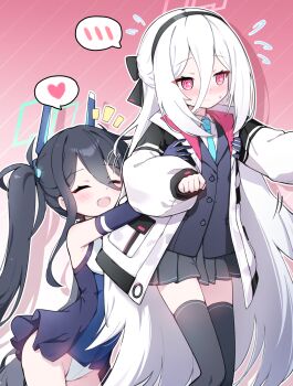2girls absurdres aqua_halo aris_(armed)_(blue_archive) aris_(blue_archive) black_hair black_hairband black_thighhighs blue_archive blush closed_eyes commentary_request double-parted_bangs flying_sweatdrops hair_between_eyes hair_ribbon hairband halo heart highres jacket kei_(blue_archive) kei_(new_body)_(blue_archive) kurana_(atlas) leotard long_hair long_hair_between_eyes long_sleeves multicolored_jacket multicolored_leotard multiple_girls necktie open_mouth panties pink_eyes pink_halo pleated_skirt rectangular_halo ribbon ringed_eyes shirt skirt sleeveless sleeves_past_wrists smile spoken_blush spoken_heart thighhighs twintails two-tone_jacket underwear very_long_hair white_hair white_jacket white_shirt