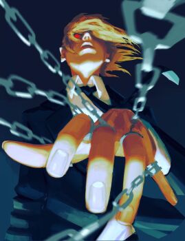 Rule 34 | 1boy, agzamx, black jacket, blonde hair, dark background, formal clothes, from below, glowing, glowing eyes, hair between eyes, hair flowing over, hand chains, hand focus, highres, hunter x hunter, jacket, kurapika, looking up, male focus, medium hair, necktie, parted lips, red eyes, shirt, solo, suit, upper body, white shirt