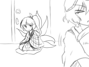 >_< ... 2others adagumo_no_yaorochi androgynous bad_id bad_pixiv_id blanket carrying closed_mouth commentary_request cushion doorknob frown full_body hakama happy heavy helmet image_sample indoors jandare japanese_clothes katano_sukune kimono kneeling len'en long_hair long_sleeves looking_at_another motion_lines multiple_others multiple_tails other_focus pixiv_sample short_hair side_ponytail sliding_doors snake_tail speech_bubble spoken_ellipsis tail upper_body wide_sleeves zabuton