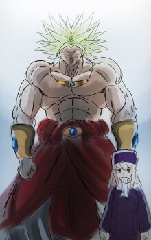 1boy 1girl backlighting belt blue_background blue_gem bracer broly_(dragon_ball_z) buttons child clothes_around_waist coat commentary crossover double-breasted dragon_ball dragonball_z facing_viewer fate/stay_night fate_(series) feet_out_of_frame frown fur_hat gem gold gold_belt gold_bracer gold_necklace gold_vambraces gorget gradient_background green_hair hat highres illyasviel_von_einzbern jewelry legendary_super_saiyan momiji5959 muscular muscular_male necklace no_pupils pants papakha purple_coat purple_hat red_eyes red_robe robe saiyan scarf size_difference sketch spiked_hair super_saiyan topless_male vambraces white_background white_hair white_pants white_scarf wide_sleeves winter_clothes winter_coat