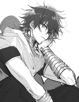 1boy bishounen black_hair bracelet closed_mouth from_side greyscale highres jewelry judal long_hair looking_ahead magi_the_labyrinth_of_magic male_focus monochrome multiple_bracelets neck_ring sitting solo umenoume