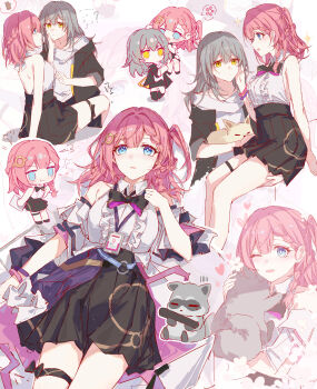 2girls ? absurdres asta_(honkai:_star_rail) black_bow black_bowtie black_coat black_skirt blue_eyes bow bowtie center_frills chibi coat collared_shirt flying_sweatdrops frills grey_hair hair_ornament heart highres honkai:_star_rail honkai_(series) looking_at_another medium_hair multiple_girls multiple_views one_side_up open_clothes open_coat parted_lips peppy_(honkai:_star_rail) pink_hair raccoon shirt simple_background skirt sleeveless sleeveless_shirt smile stelle_(honkai:_star_rail) thigh_strap trailblazer_(honkai:_star_rail) white_shirt yajuu yellow_eyes