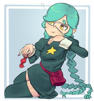 Rule 34 | 1girl, :t, ?, annie (skullgirls), belt, belt pouch, blue background, braid, candy, candy wrapper, dress, eyepatch, food, green hair, ojiskeleton, pouch, short dress, sitting, skullgirls, solo, thighhighs, twin braids, yellow eyes