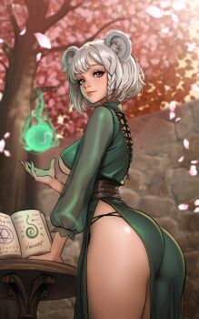 1girl animal_ear_fluff ass blurry blurry_background book braid breasts brown_eyes closed_mouth commentary commission cowboy_shot cross-laced_clothes cross-laced_dress dress english_commentary from_side green_dress grey_hair highres koala_ears koala_girl light_smile long_sleeves looking_at_viewer magic medium_breasts open_book original puffy_long_sleeves puffy_sleeves see-through_clothes see-through_sleeves short_hair side_braid side_slit single_braid solo standing stone_wall table tree turning_head twitter_username wuoarf