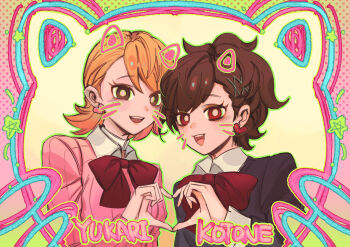 2girls absurdres animal_ears black_jacket bow bowtie brown_eyes brown_hair cardigan cat_ears character_name choker collared_shirt commentary drawn_ears drawn_whiskers earrings fake_animal_ears fake_whiskers flipped_hair gekkoukan_high_school_uniform hair_ornament hairclip heart heart_earrings heart_hands heart_hands_duo high_ponytail highres jacket jewelry kibakira long_sleeves looking_at_viewer multiple_girls open_mouth orange_hair persona persona_3 persona_3_portable pink_cardigan ponytail red_bow red_bowtie ribbed_cardigan school_uniform shiomi_kotone shirt short_hair star_(symbol) takeba_yukari upper_body white_choker white_shirt
