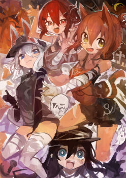 4girls :3 absurdres akatsuki_(kancolle) anchor_symbol animal_ear_fluff animal_ears bandaged_arm bandages black_hat brown_hair commentary_request ears_through_headwear folded_ponytail hair_between_eyes hair_ornament hairclip halloween halloween_costume hat hibiki_(kancolle) highres ikazuchi_(kancolle) inazuma_(kancolle) kaamin_(mariarose753) kantai_collection kemonomimi_mode long_hair multiple_girls open_mouth red_hair scar scar_across_eye scar_on_face tail thighhighs white_hair white_thighhighs yellow_eyes