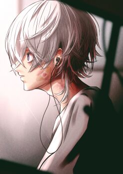 1boy absurdres adam's_apple bags_under_eyes bandaid bandaid_on_cheek bandaid_on_face bishounen blurry blurry_background blurry_foreground bruise bruise_on_face bruise_on_neck commentary_request earbuds earphones from_side hair_between_eyes highres indoors injury light_rays looking_ahead male_focus morning original parted_lips profile purple_eyes riokun_riorio sanpaku shirt short_hair sidelocks solo sunbeam sunlight upper_body white_hair