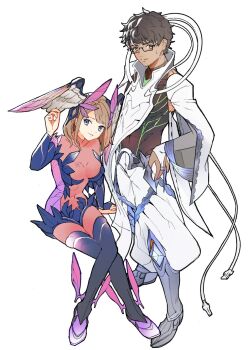 1boy 1girl abs alternate_costume blue_eyes boots breasts brown_hair closed_mouth commentary_request dark-skinned_male dark_skin eunie_(xenoblade) full_body glasses hand_on_own_hip highres invisible_chair large_breasts long_hair ouroboros_(xenoblade) rico_ot short_hair simple_background sitting smile standing sweatdrop taion_(xenoblade) toned toned_male white_background xenoblade_chronicles_(series) xenoblade_chronicles_3